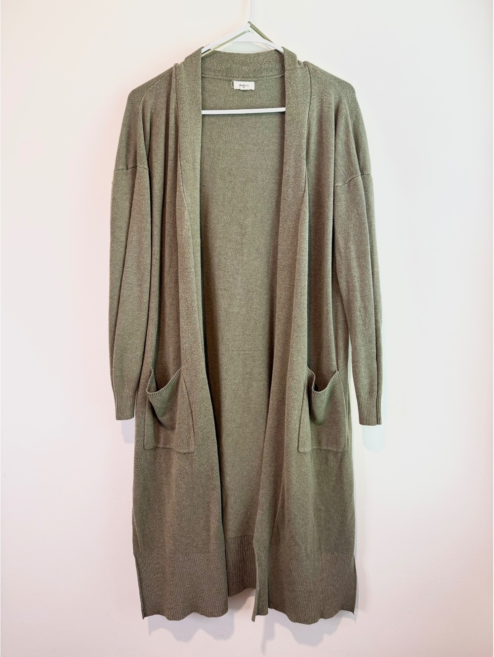 Debut Olive Green Long Open Front Cardigan Sweater Medium